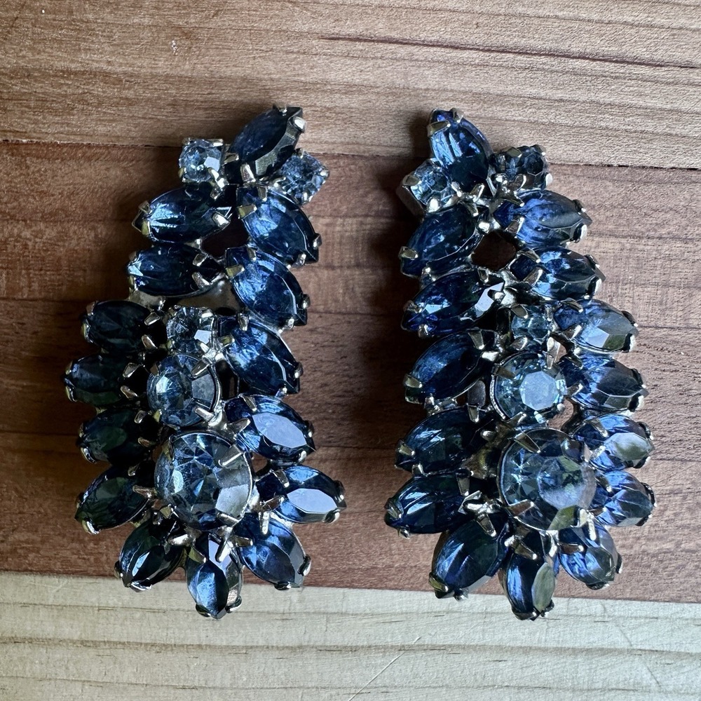 Vintage Statement Clip Earrings 1.9 Inch Cluster Cascade Blue Crystal Silver